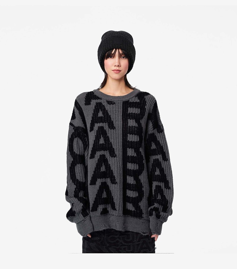 Women's Marc Jacobs Monogram Distressed Sweater Black / Grey | UAE-159042