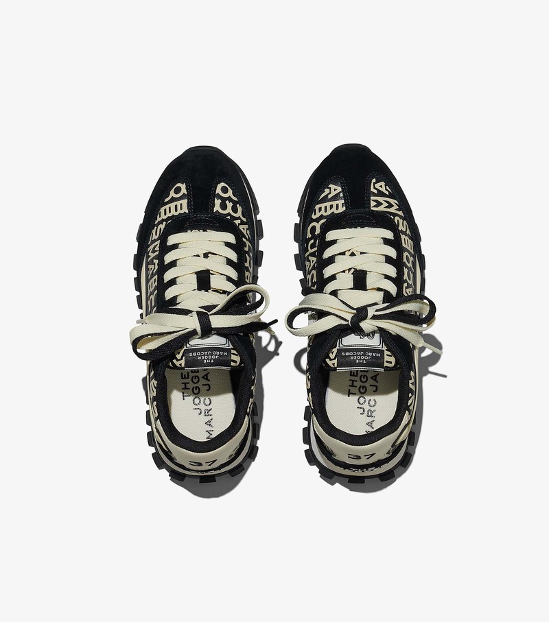 Women's Marc Jacobs Monogram Leather Jogger Sneakers Black / White | UAE-521467