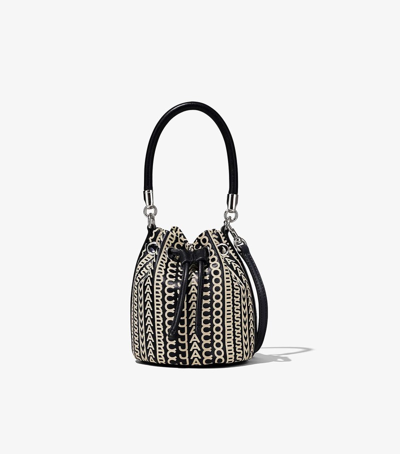 Women\'s Marc Jacobs Monogram Leather Micro Bucket Bags Black / White | UAE-576318