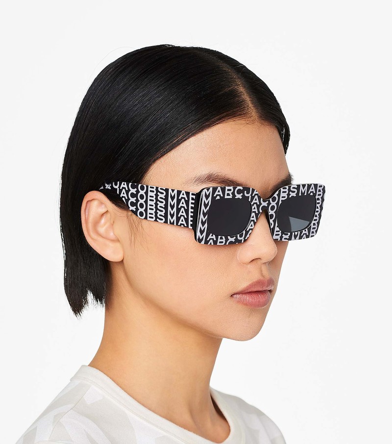 Women's Marc Jacobs Monogram Rectangular Sunglasses Black / White | UAE-650794