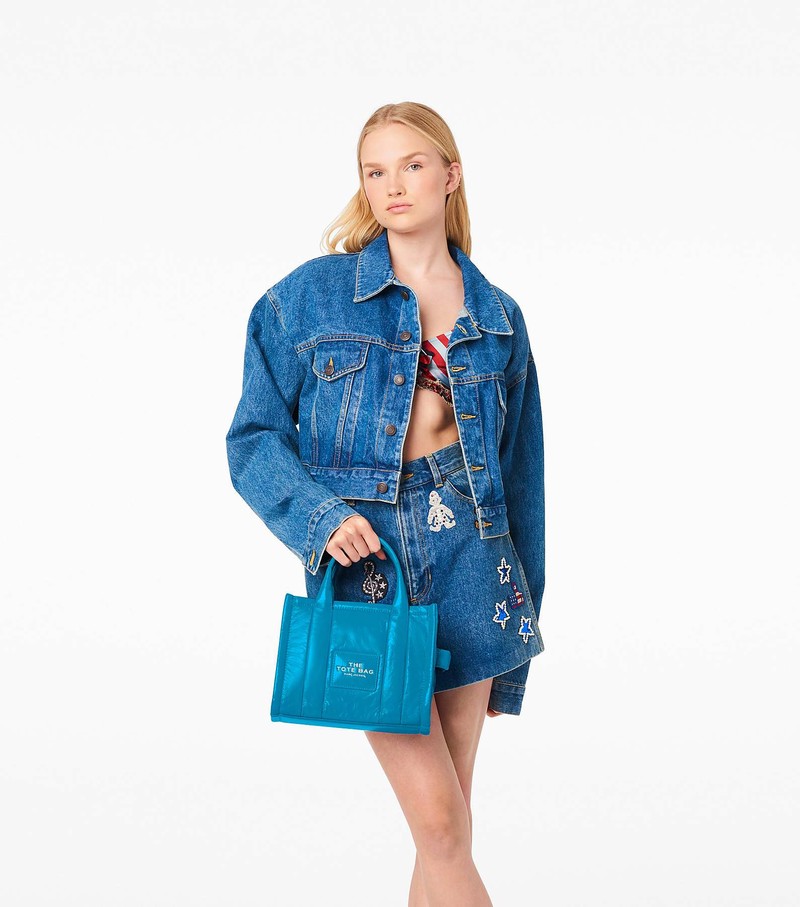 Women's Marc Jacobs Shiny Crinkle Mini Tote Bags Blue | UAE-596314