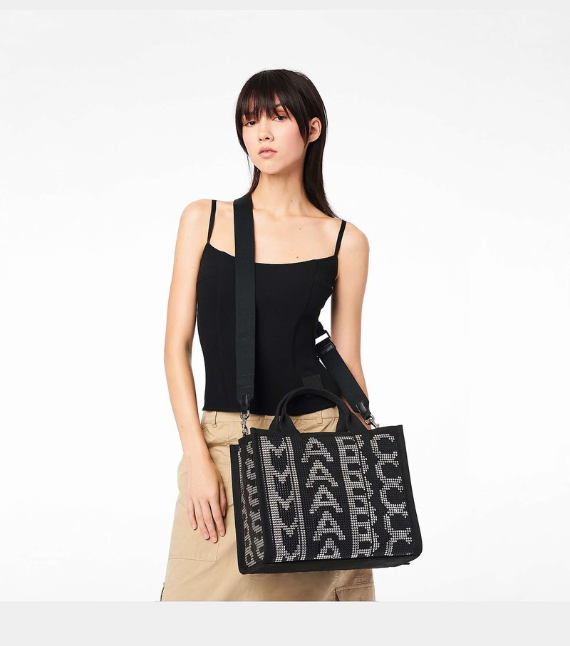 Women's Marc Jacobs Studded Monogram Medium Tote Bags Black / White | UAE-420978