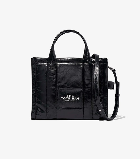 Women's Marc Jacobs Shiny Crinkle Medium Tote Bags Black | UAE-104352